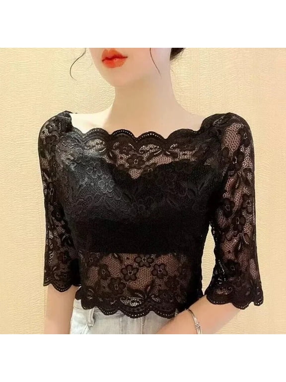 Women Summer Cropped Tops One-word Collar Half Sleeve Blouse See-through Embroidery Lace Pullover Tops