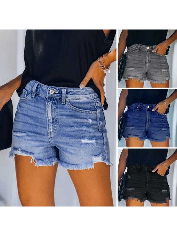Women Summer Denim Shorts Ripped Edge Hollow Out Multi Pockets Solid Color Button Zipper Closure Slim Fit High Waist Soft Breathable Commute Party Club Short Jeans