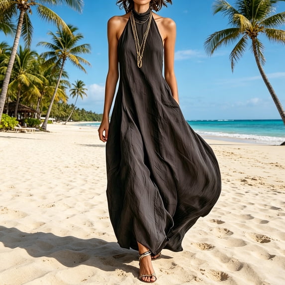 Joernso Women Summer Halter Neck Maxi Dress Casual Sleeveless A-line Long Dress Casual Beach Vacation Flowy Sundress