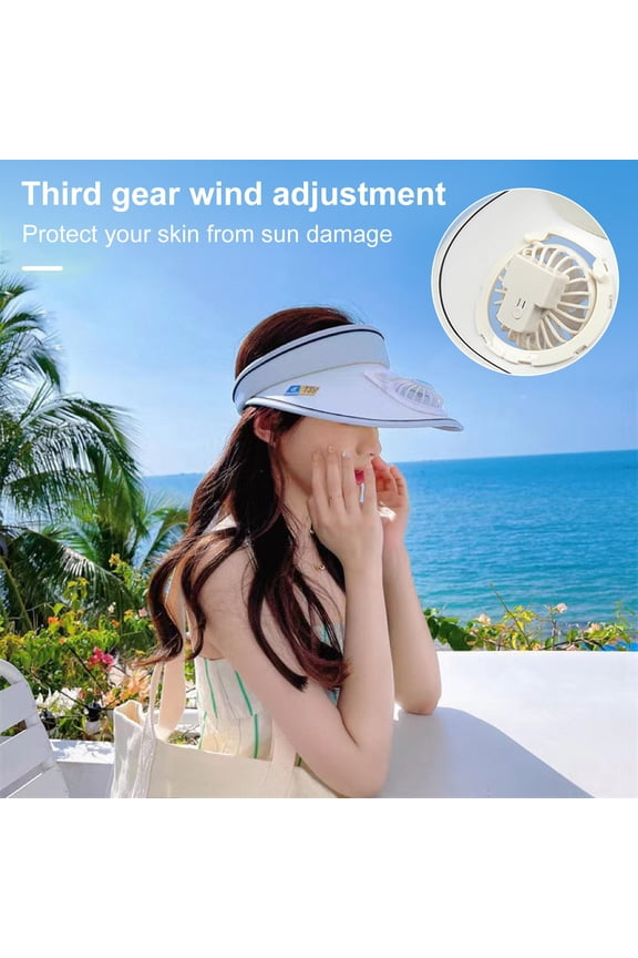 Women Summer Hat with 3 Gear Adjustment Headband Fan Empty Top USB Charging Anti-UV Wide Brim Windproof Rope Sun Protection Travel Sun Cap Gardening Hat