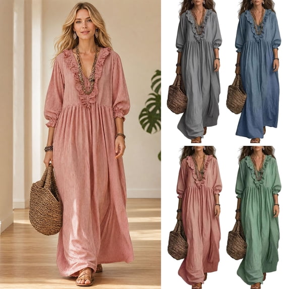Joernso Women Summer Long Dress, 3/4 Sleeve Ruffle V Neck Maxi Dress, Casual Loose Fit Flowy Beach Vacation Sundress