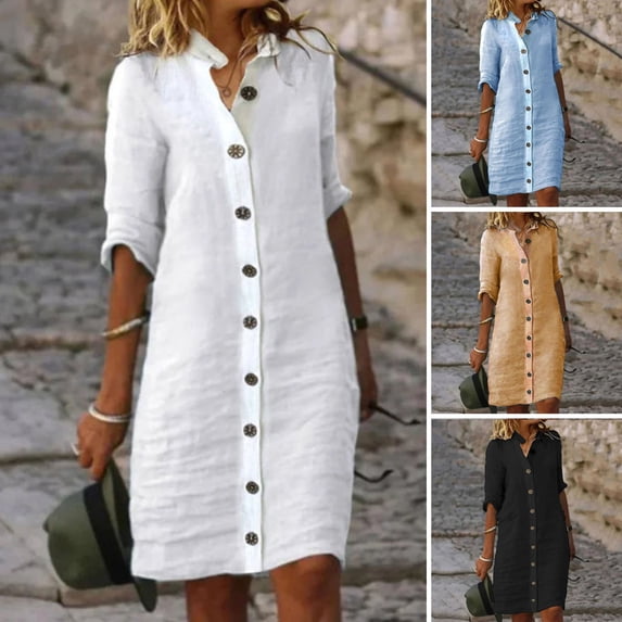Joernso Women Summer Midi Dress Lapel Half Sleeve Solid Color Single-breasted Soft Breathable Buttons Lady Knee Length Fall Spring Dress