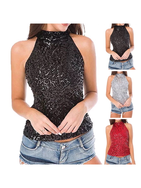Women Top Shiny Sequin Off Shoulder Sleeveless Halter Neck Slim Fit Pullover Solid Color Stage Performance Club Dance Tank Top Vest