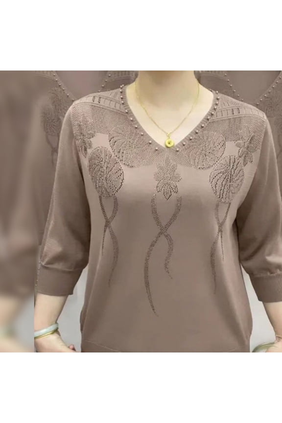 Women Top V Neck Three Quarter Sleeve Solid Color Flower Pattern Knitted Elastic Soft Casual Pullover Elastic Cuff Mid-aged Women Mother Blouse