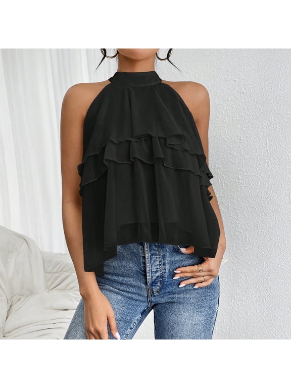 Women Tops Halter Neck Sleeveless Solid Color Pullover Tops Multi Layer Ruffle Hem Commuting Style Short Tops
