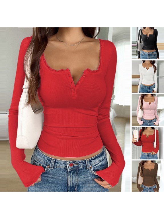 Women Tops Regular Fit Long Sleeve V Neck Lace Stitching Pullover Tops Solid Color Autumn Winter Blouse Daily Wear