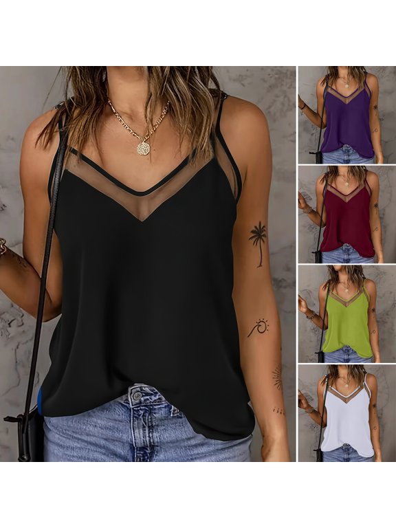 Women Tops Sling Spaghetti Straps V-Neck Mesh Splicing Loose Drape Cut Vest Soft Fabric Summer Casual Tank Tops