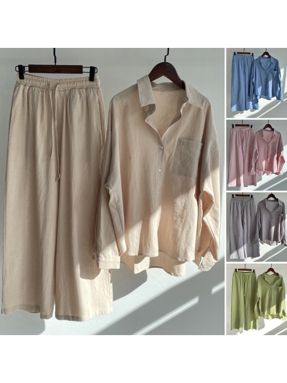 Women Two Piece Shirt Set Button Down Long Sleeve Shirt Wide Leg Pants Set Casual Cotton Lounge Outfit Suit for Spring Summer