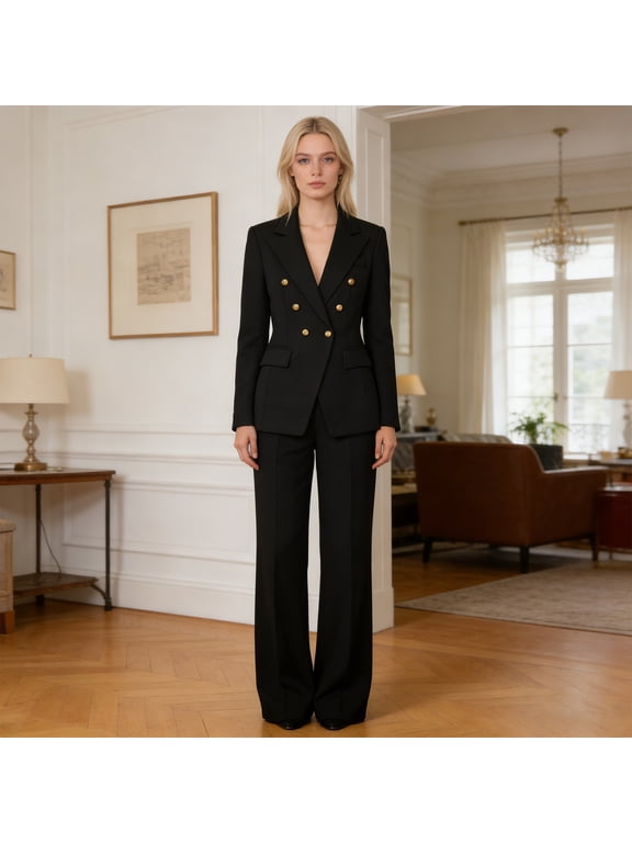Women Two-Piece Suit Spring Autumn Long Sleeves Lapel Collar Blazer Jacket Wide Leg Pants Work Office Business Casual Outfits Pantsuit