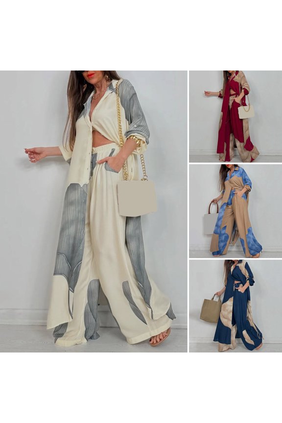 Women V-neck Patchwork Printed Top And Pants Suit Contrasting Color Commuting Set Wide-leg Trousers And Extra-length Top Loose Fit Outfit for Various Occasions
