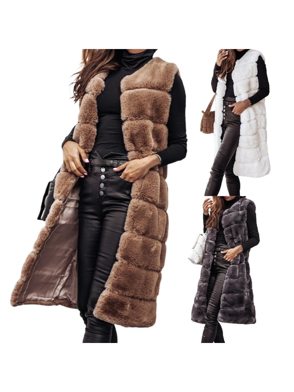 Women Vest Solid Color Round Neck Faux Fur Thick Crew Neck Outerwear for Daily Wear