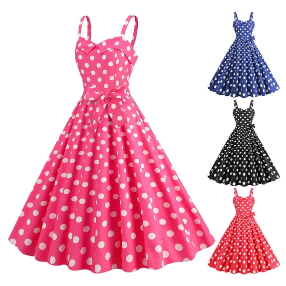 Joernso Women Vintage Dress 50s Retro A-line Big Swing Sleeveless Dot Print Contrast Color Elastic Bust High Tight Waist Backless Knee Length Evening Dress Summer Halter Dress