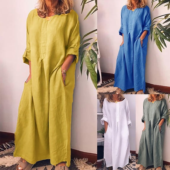 Joernso Women Vintage Solid Color Long Sleeve O Neck Pockets Maxi Dress Tunic Kaftan