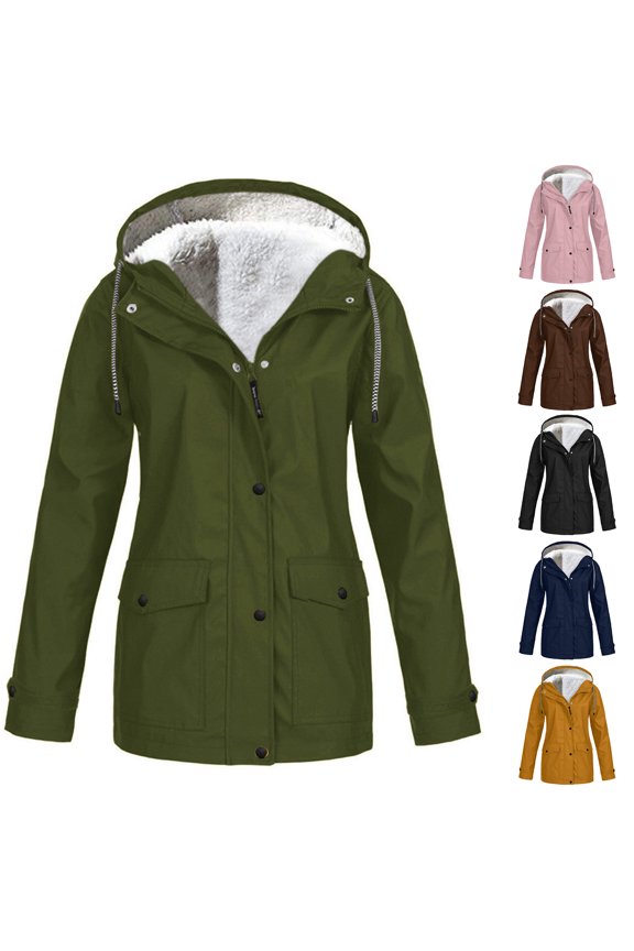 Women Winter Coat Fleece-lined Hooded Press Button Zipper Closure Outerwear Mid Length Plus Size Solid Color Parka with Pockets Warm Down Jacket