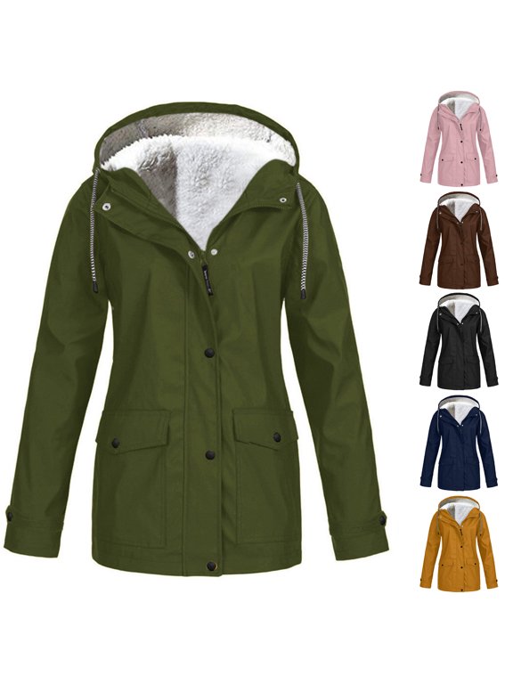 Women Winter Coat Fleece-lined Hooded Press Button Zipper Closure Outerwear Mid Length Plus Size Solid Color Parka with Pockets Warm Down Jacket