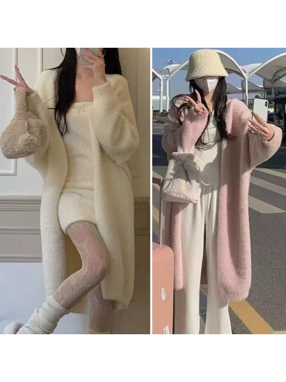 Women Winter Coat Long Sleeves Thickened Plush Solid Color Mid-calf Length Cozy Cardigan Temperature Lock Windproof Overcoat