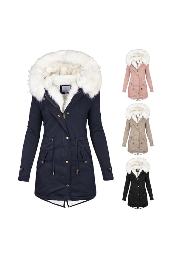Women Winter Cotton Coat Plus Size Faux Fur Hood Fleece-lined Zip-up Press Button Closure Jacket Windproof Mid Length Slim Fit Outerwear