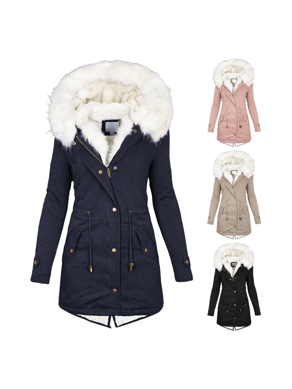 Women Winter Cotton Coat Plus Size Faux Fur Hood Fleece-lined Zip-up Press Button Closure Jacket Windproof Mid Length Slim Fit Outerwear