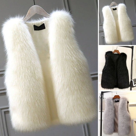 Joernso Women Winter Faux Fur Vest Cozy Fluffy Soft Thick Solid Color Sleeveless Open Stitch Front Cardigan Slim Fit Cold Resistant Plus Size Lady Waistcoat