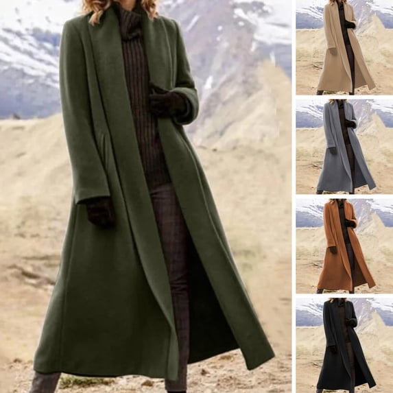 Joernso Women Winter Overcoat Open Stitch Turn-down Collar Long Sleeves Windbreaker Loose Cardigan Calf Length Outdoor Woolen Coat