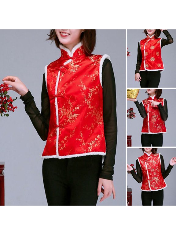 Women Winter Vest Chinese New Year Style Stand Collar Neck Protection Sleeveless Single-breasted Printed Thickened Festive Warm Spring Festival Waistcoat Traditional Clothing