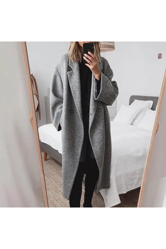 Women Woolen Jacket Turn-down Collar Solid Color Double Button Closure Windbreaker Mid Length Thermal Long Sleeved Coat Commuting Dating Spring Fall Winter Overcoat
