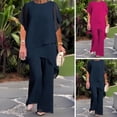 thumbnail image 1 of Joernso Women's 2-Piece Chiffon Set Casual Plus Size Wide Pant Suit Ruffle Asymmetric Layers Wedding Guest Outfit for Spring Summer, 1 of 7