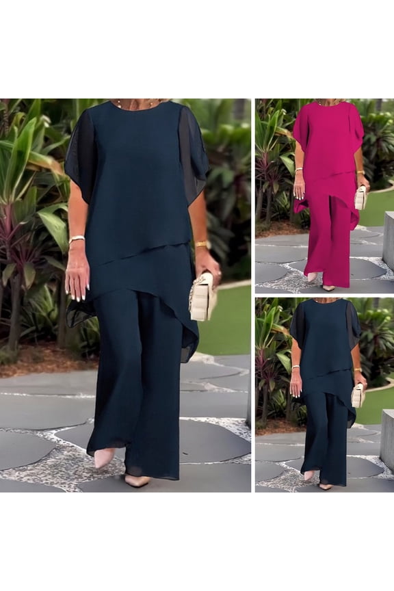 Women's 2-Piece Chiffon Set Casual Plus Size Wide Pant Suit Ruffle Asymmetric Layers Wedding Guest Outfit for Spring Summer