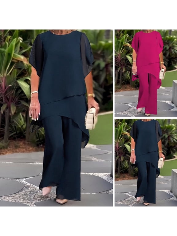 Women's 2-Piece Chiffon Set Casual Plus Size Wide Pant Suit Ruffle Asymmetric Layers Wedding Guest Outfit for Spring Summer