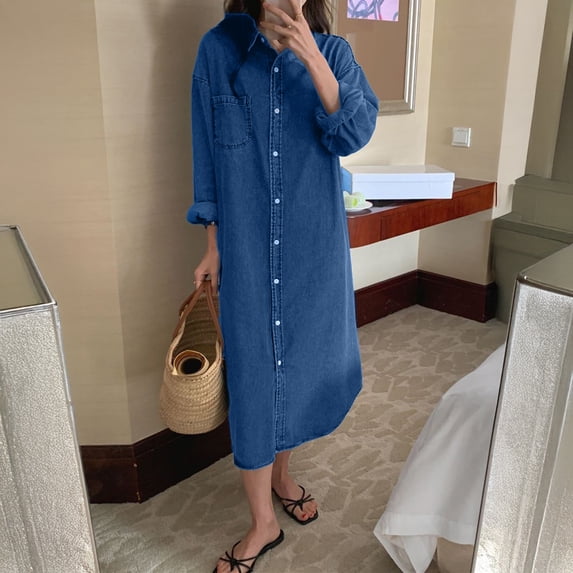 Joernso Women's Denim Shirt Dress Roll Up Long Sleeve Button Down Maxi Dress Summer Casual Lapel Loose Shift Jean Dress with Pocket