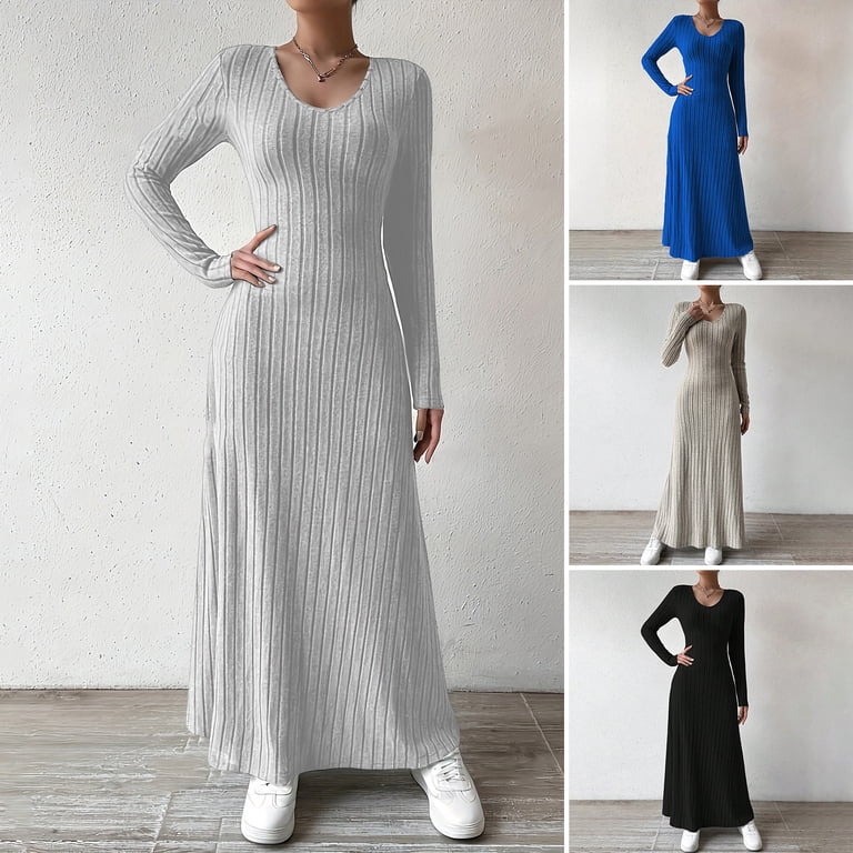 Joernso Women's Fall Sweater Dress Long Sleeve V Neck Ribbed Knit Maxi Dress Tunic Winter A Line Long Swing Dress