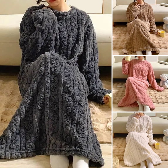 Joernso Women's Flannel Nightgown Fuzzy Fleece Sleepdress Loose Crew Neck Long Nightdress with Pockets Cozy Plush Warm Winter Pullover Loungewear