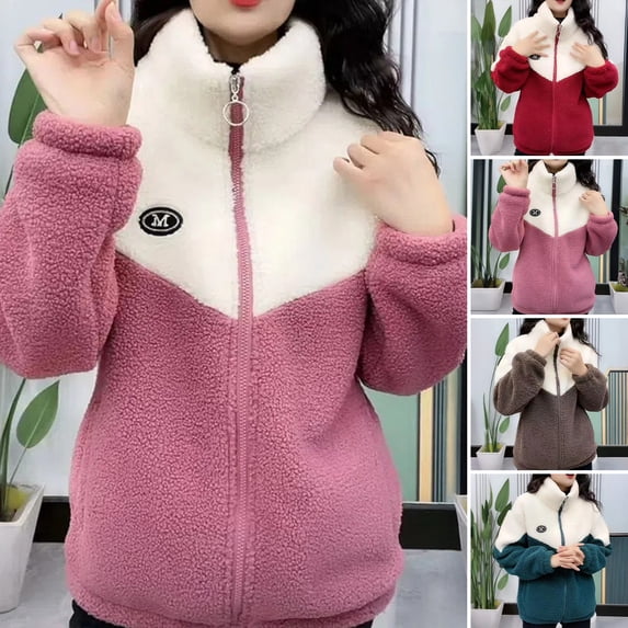 Joernso Women's Fuzzy Fleece Jacket Zip Up Stand Collar Sherpa Coat Fall Winter Color Block Warm Outerwear with Pockets