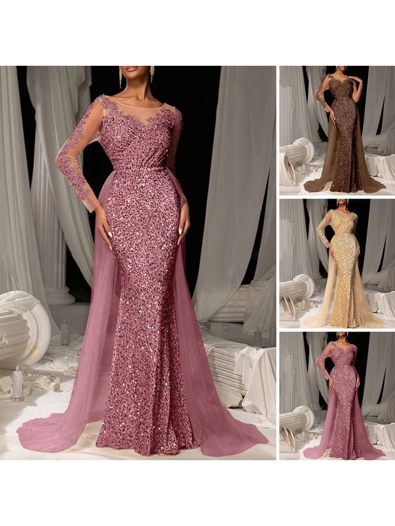 Women's Sequin Evening Dress Lace Long Sleeve Bodycon Maxi Dress Sparkly Floor Length Mesh Patchwork Overlay Dress for Cocktail Wedding Parties