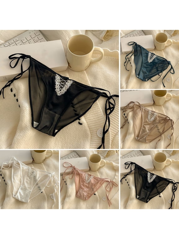 Women's Strap Satin Panties Low Rise See Through Invisible Thongs Hollow Out Thin Mesh Sheer Briefs