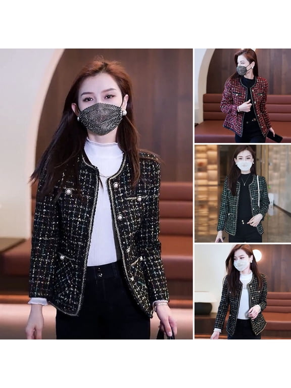 Women's Tweed Jacket Long Sleeve Button Down Cropped Blazer with Pockets Lattice Double Breasted Coat for Autumn Winter