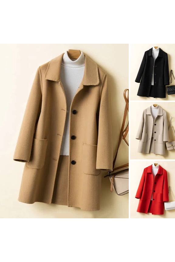 Women's Wool Blend Coat Single Breasted Mid-Length Pea Coat Notch Lapel Trench Coat Fall Winter Outerwear
