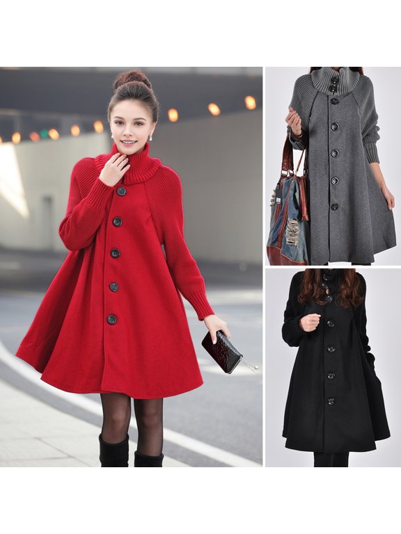 Women's Wool Coat Turtleneck Slim Fit Overcoat Autumn Winter Single Breasted Long Coat for Outdoor Work Party