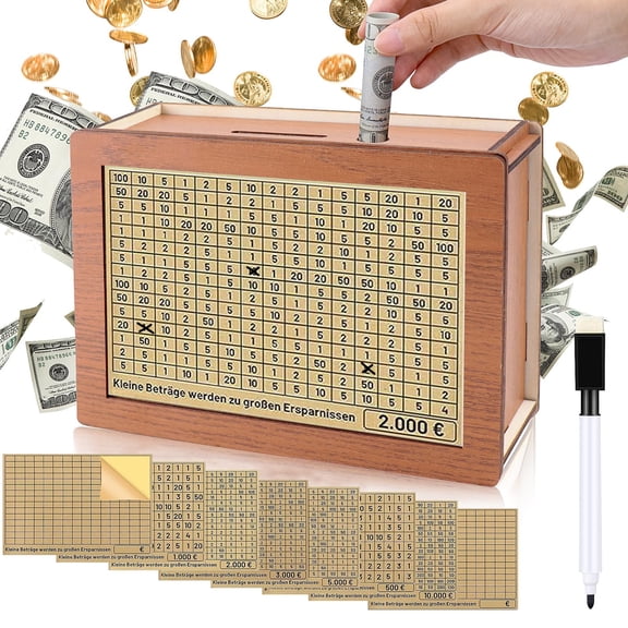 Joernso Wood Money Box with Counter Target Number Sticker Large Capacity Piggy Bank Coin Cash Container Kids Adults Money Saving Case Jar Christmas Gift