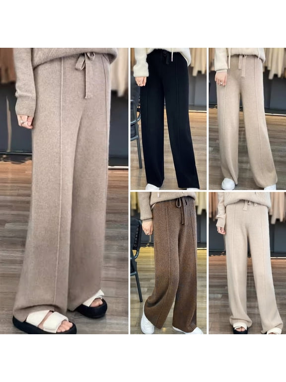 Wool Casual Pants Solid Color Straight Wide Leg Knitting Trousers with Drawstring High Waist Thickened Slacks