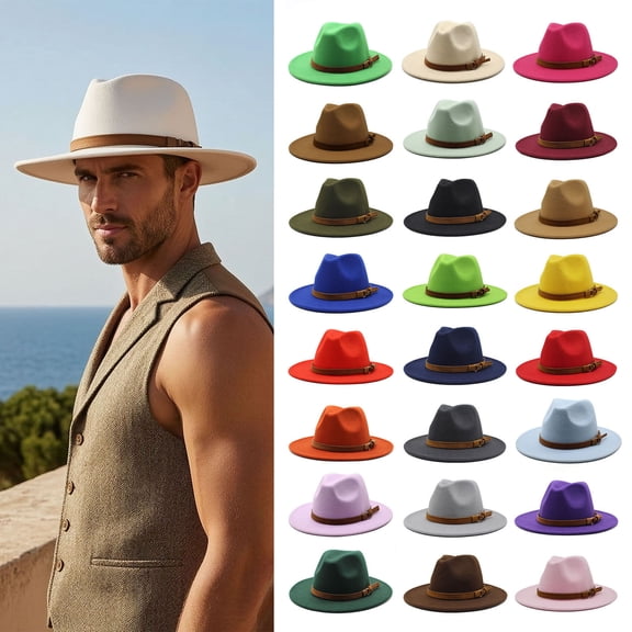 Joernso Wool Felt Fedora Hat, Unisex Panama Hat with Faux Leather Band, Wide Brim Vintage Trilby Hat for Women Men Autumn Winter Fashion