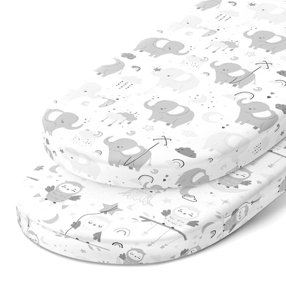 Joey and Joan Bassinet Fitted Elephants Owls Sheet for SNOO, Grey, 2 Count