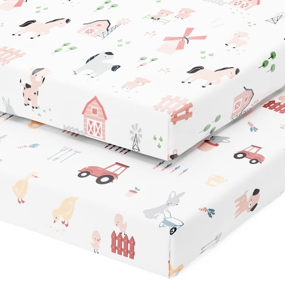 Joey + Joan Pack and Play Sheets Fitted – Compatible with Graco Pack n Play Playard Crib and Other 27 x 39 Inch Playpen Mattress – Farm Animals (2 Pack)