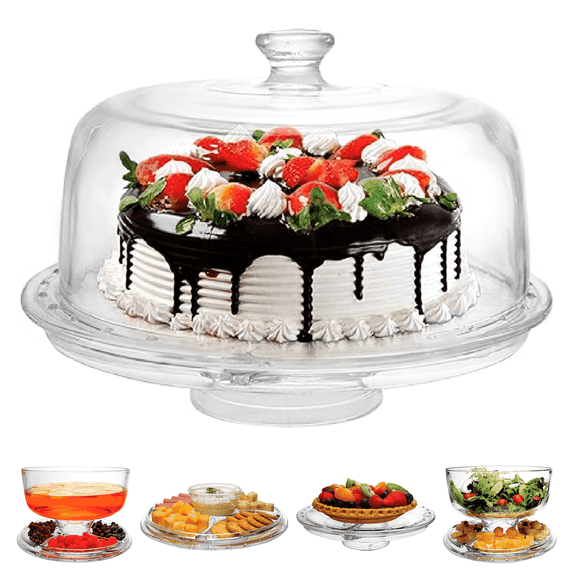 Joey’z Plastic Cake Stand with Dome Lid, 6 in 1 Clear Large Serving Platter, Acrylic Cake Container for Salad Bowl and Dessert, 11.6" Base, 10.6" Dome & 4" Dome Depth