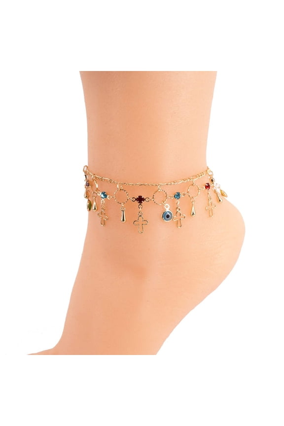 18k Layered real gold Plated colors stones cross anklet bracelet #7