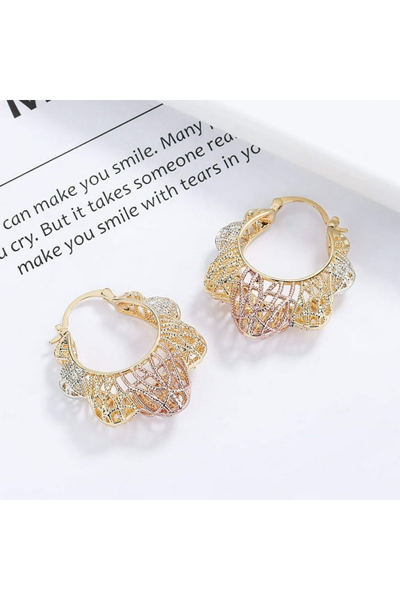 18k Layered real gold Plated tri colors basket hoop earrings #81