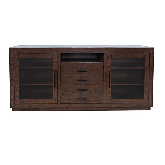 Jofran 70" Contemporary Media Console with Tempered Glass Doors, Drawers and Shelves