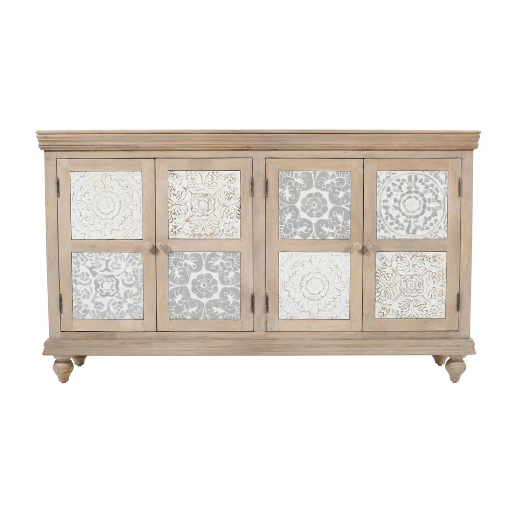 Adele 71" Beige Hand Carved Solid Wood Four-Door Sideboard Cabinet