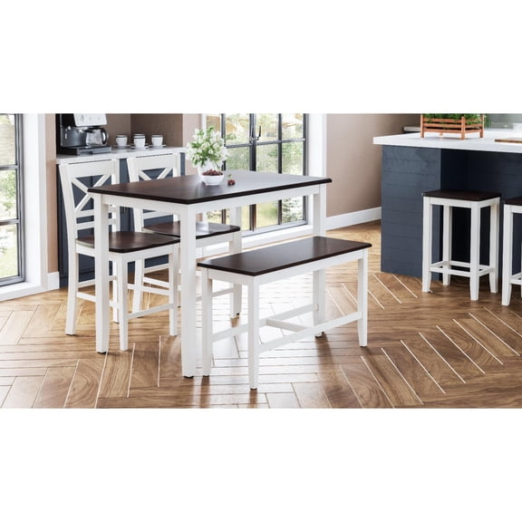 Jofran Asbury Park Solid Acacia Farmhouse 4-Pack Counter Height Dining Set - Table with 2 Stools and Bench