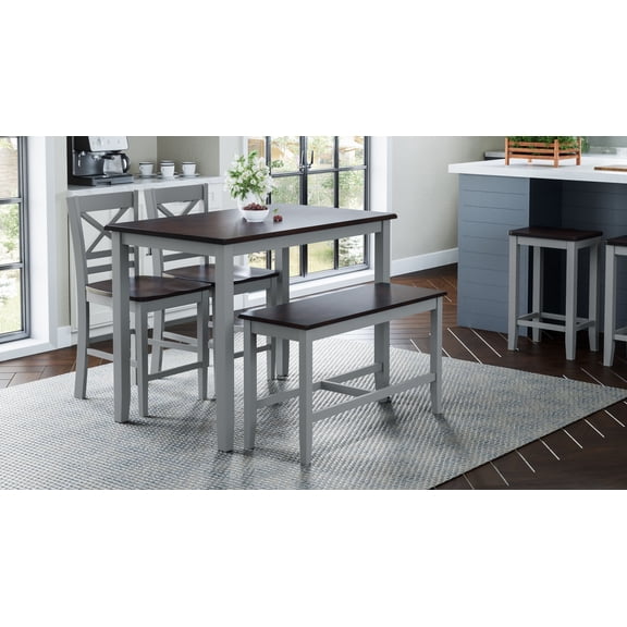 Jofran Asbury Park Solid Acacia Farmhouse 4-Pack Counter Height Dining Set - Table with 2 Stools and Bench